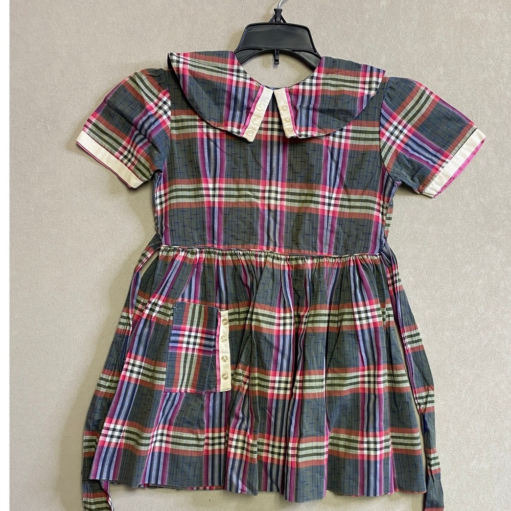 Vintage Kids Plaid Peter Pan Collar Dress Multi-Color Check Short Sleeve TieBack